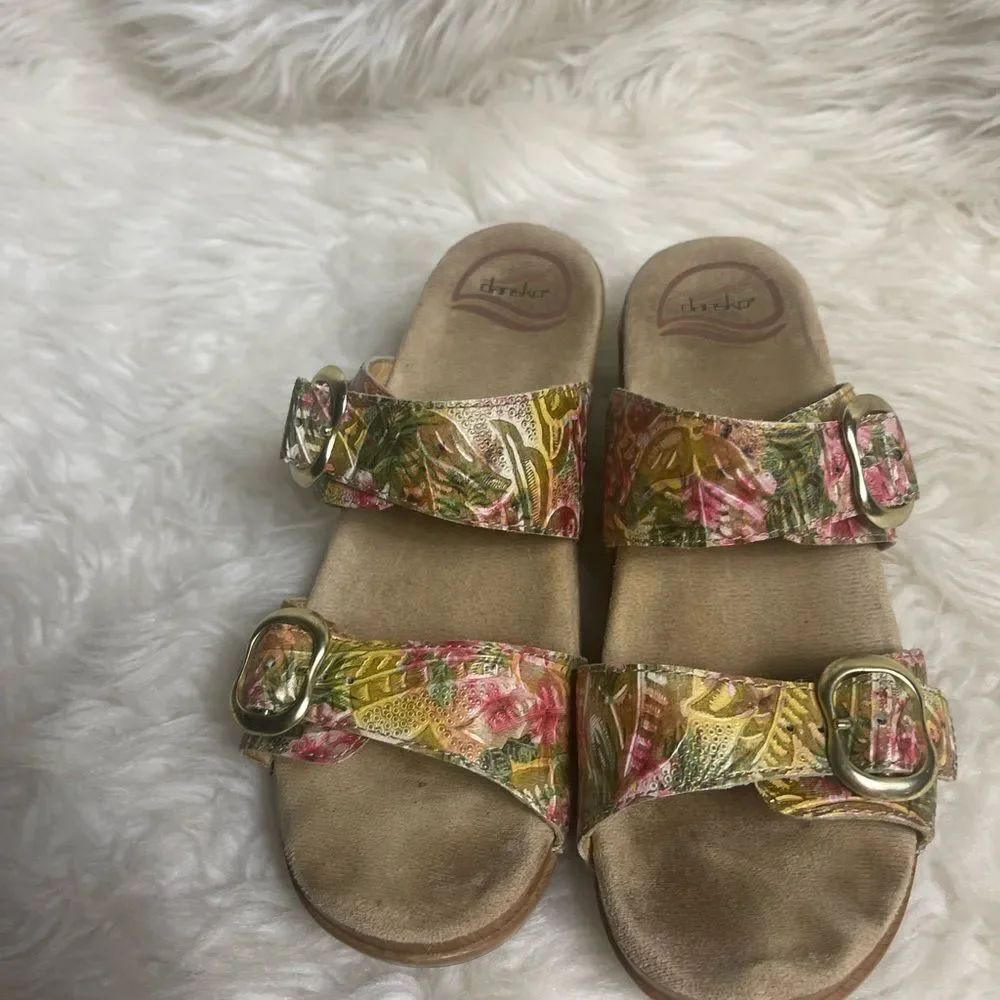 Dansko leather Floral Multicolor Double-Buckle Slide clogs Sandals EUR SZ37